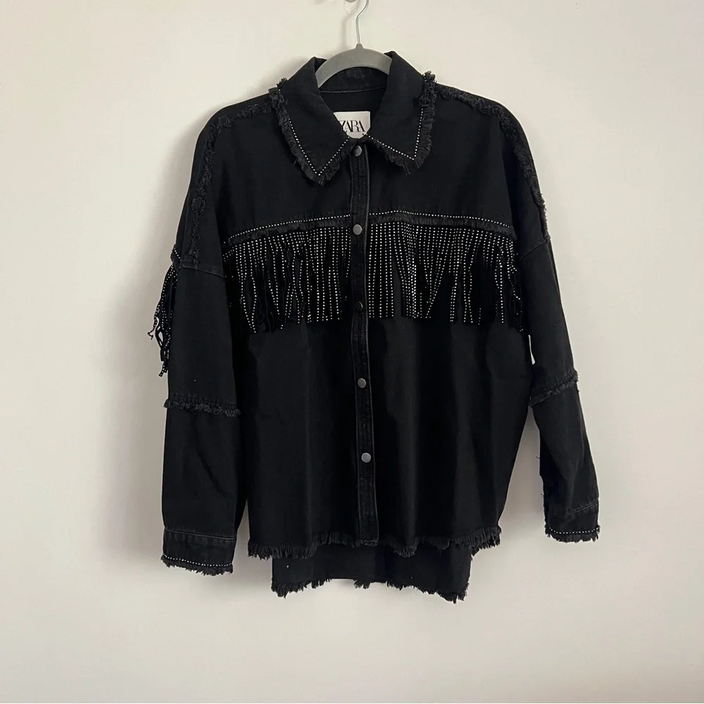 Zara Rhinestone Fringe Studded Jean Jacket Black Women’s Size XS - Picture 2 of 8